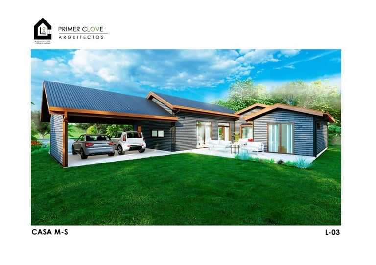 Modern single-story home design by Primer Clove Arquitectos with covered porch, metal roof, and manicured lawn under blue sky