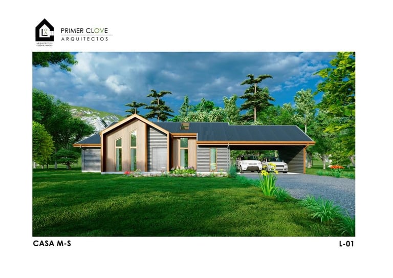 Modern residential home with mixed materials, solar panels, and attached carport surrounded by landscaping and trees