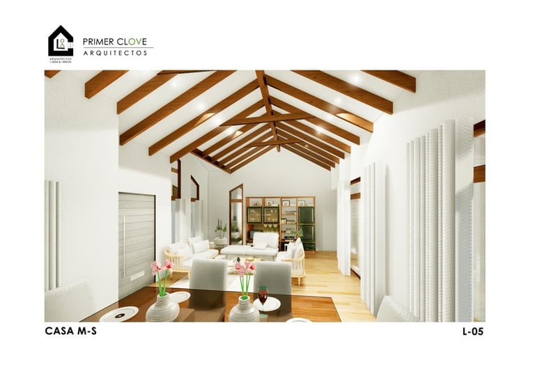 Modern living room with exposed wooden beams, vaulted ceiling, white walls, wooden flooring, and contemporary furniture