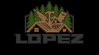Lopez logo featuring a cabin with trees and mountain scenery in tan and green colors